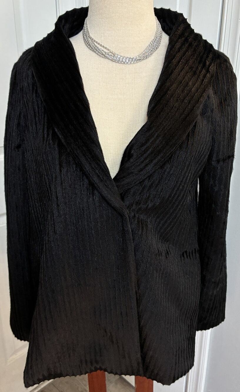 Vintage Y2K Poleci Black Crinkle Pleated Jacket Blazer Silk Lining USA Size 8